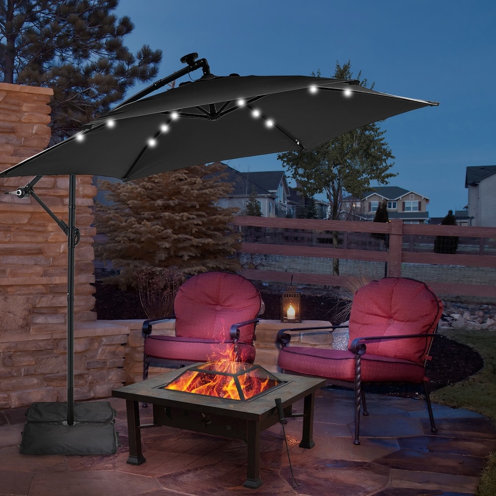Ainfox 10 ft. Patio Offset Solar LED Umbrellas Cantilever Outside Umbrellas with Base