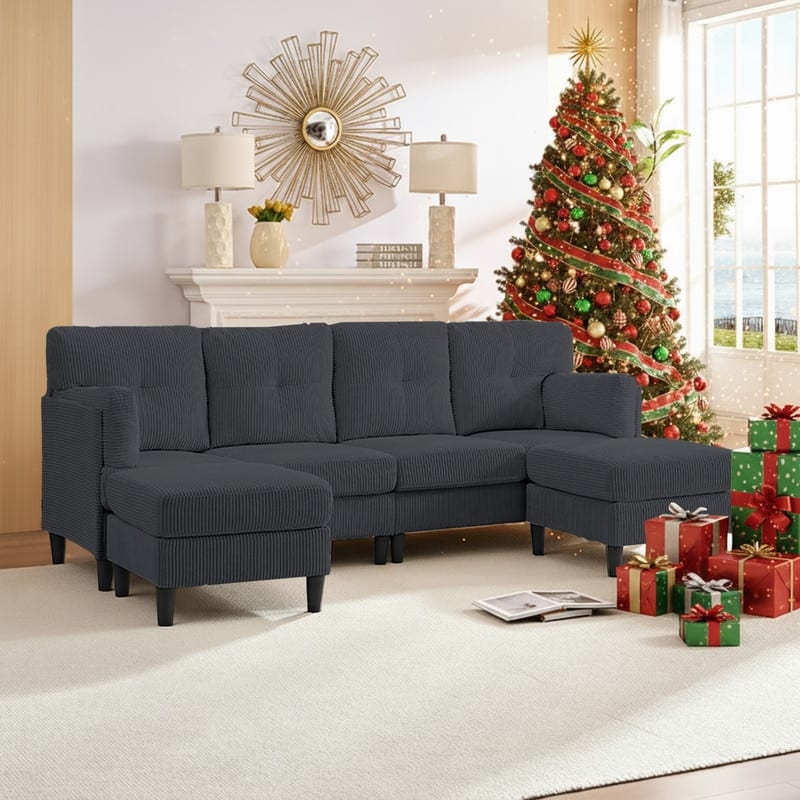Mixoy Corduroy U-Shape Modular Convertible Sectional Sofa,Upholstered 4-Seater Sofa Couch with Movable Ottoman
