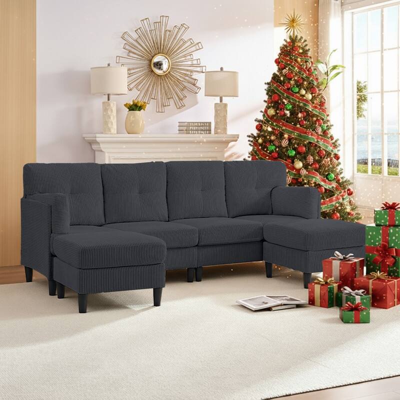 Mixoy Corduroy U-Shape Modular Convertible Sectional Sofa,Upholstered 4-Seater Sofa Couch with Movable Ottoman