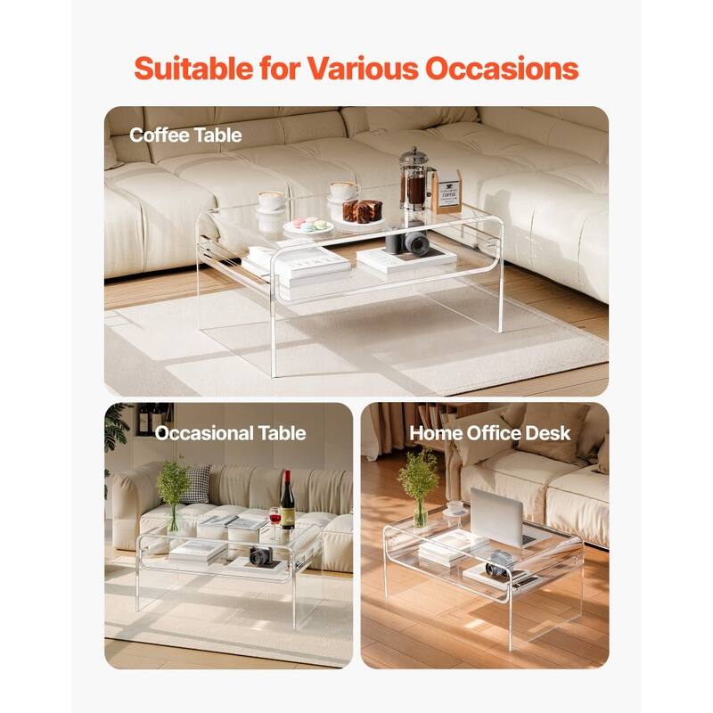 Clear Transparent Acrylic 2-Tier Coffee Table with Sturdy Metal Connectors and Storage - 19.7 x 31.5 x 15 in