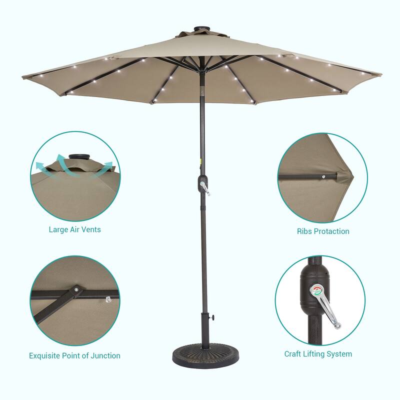 BONOSUKI 9ft Patio Solar Umbrella LED Patio Market Steel Tilt w/Crank