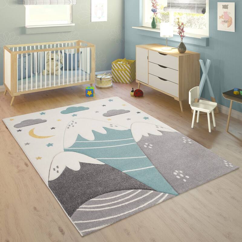 Kids Rug for Nursery Mountains Starry-Sky in Light Blue Cream Pastel