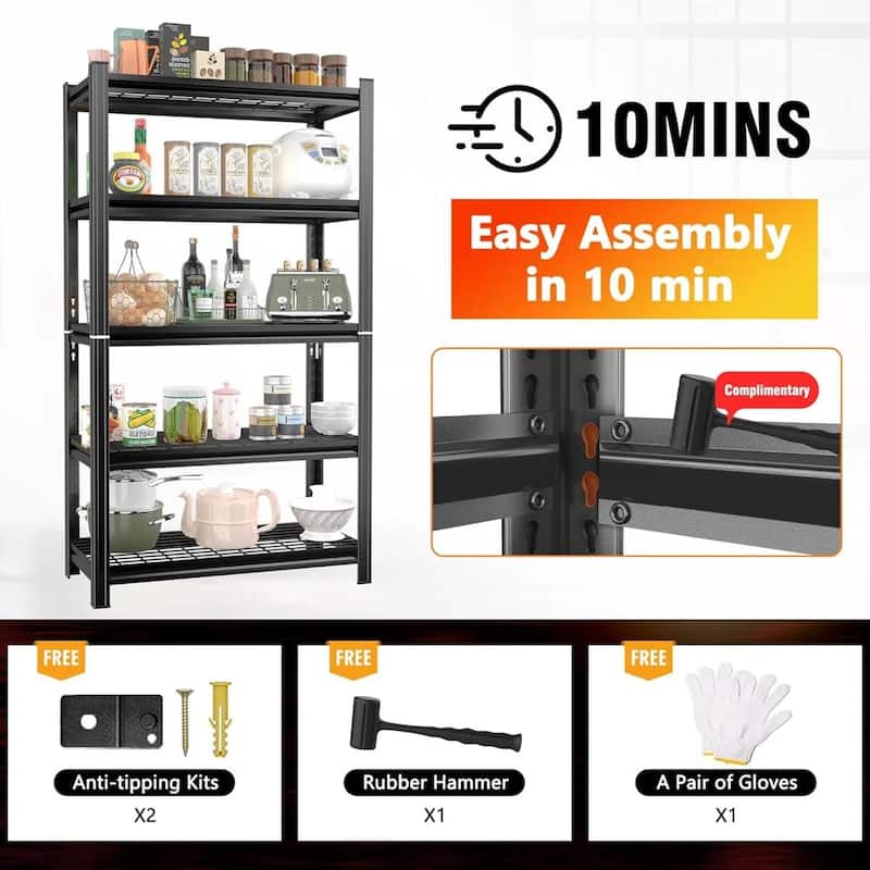 5-Tier Black Metal Storage Shelving Unit with Adjustable Horizontal Shelves for Garage or Kitchen - 35.40”L x 15.70”W x 71.20”H