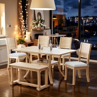 6-Piece Wood Dining Table Set with Storage Shelf and Curved Legs - Bed ...