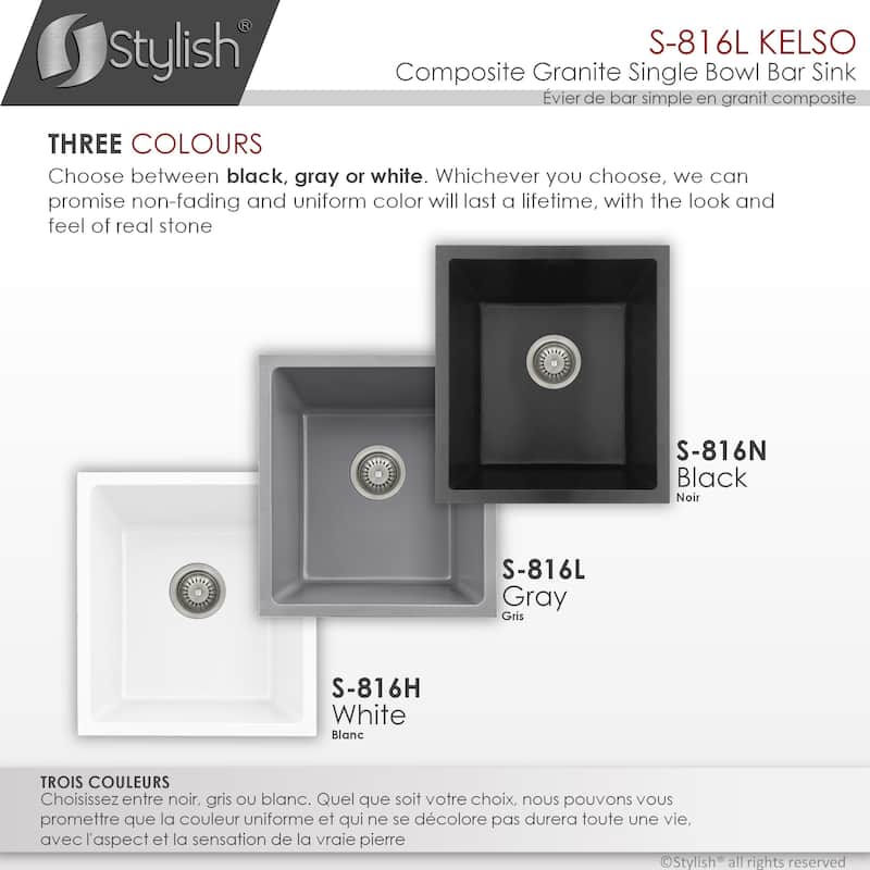 STYLISH 15.5 inches L x 17.5 inches W Dual Mount Single Bowl Composite Granite Kitchen Sink with Strainer - 15.5" x 17.5" x 8.5"