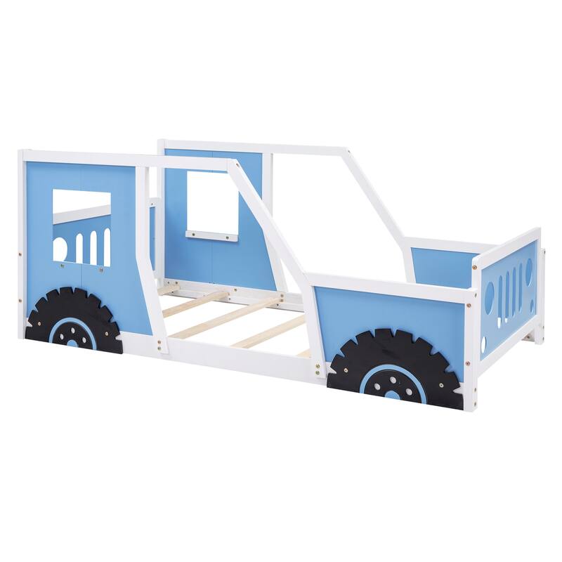 Twin Size Classic Car Platform Bed Frame with Fun Wheels, Sturdy Pine Wood Frame, No Box Spring Required Bedroom Furniture