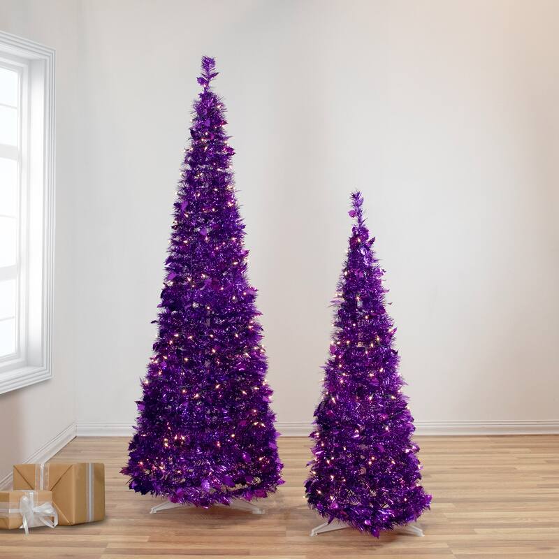 4' Purple Tinsel Pop-Up Artificial Christmas Tree, Clear Lights - 4 Foot