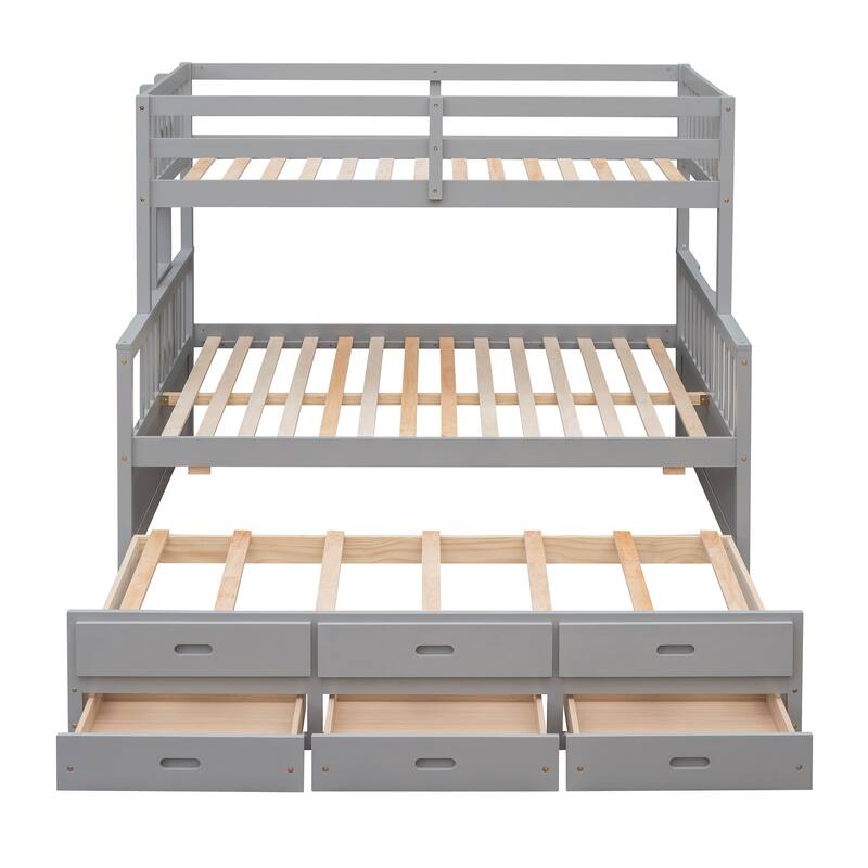 Space-Saving Twin-Over-Full Bunk Bed with Trundle and Drawers, Gray