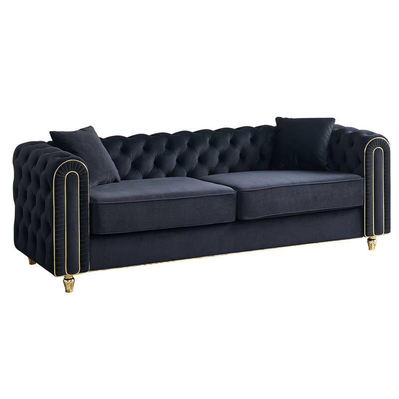 86'' Luxury Modern Tufted Black Velvet Sofa with 2 Toss Pillows