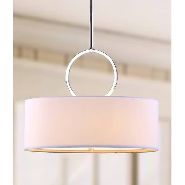 slide 2 of 5, SAFAVIEH Lighting Debonair Adjustable 3-Light Chrome Drum Pendant Lamp - 18"x18"x16.75 - 52.75" - 18"x18"x16.75 - 52.75"