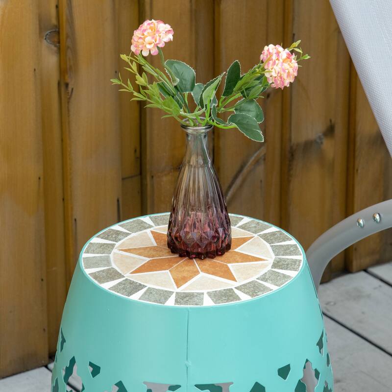 Outsunny 12" Round Patio Outdoor Footstool, Garden Mosaic Accent Side Table, Plant Stand