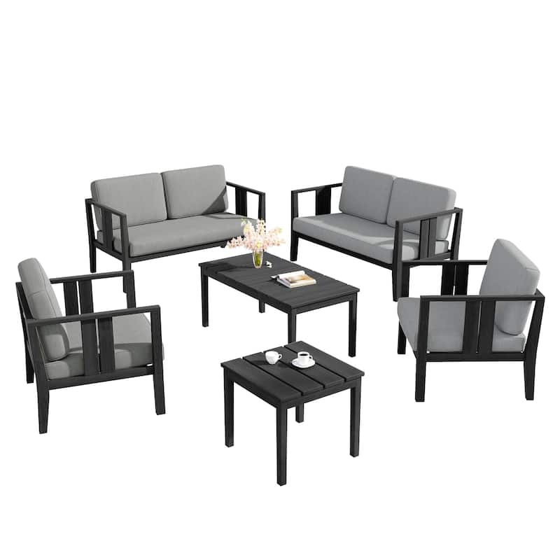 6-Piece Outdoor Furniture Solid Teak Patio Conversation Set with Table