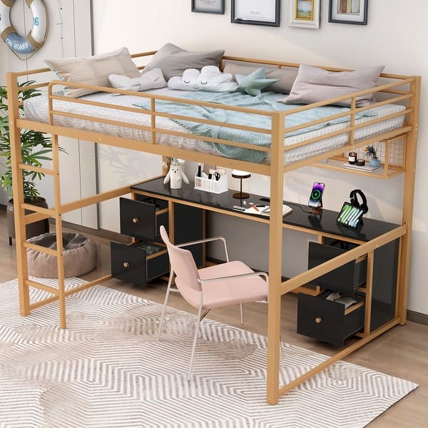 slide 2 of 26, Full Size Loft Bed with Built-in Desk, Drawers & Mesh Storage Rack, Heavy Duty Metal Bed Frame w/Charging Station, USB & Socket Gold - Full