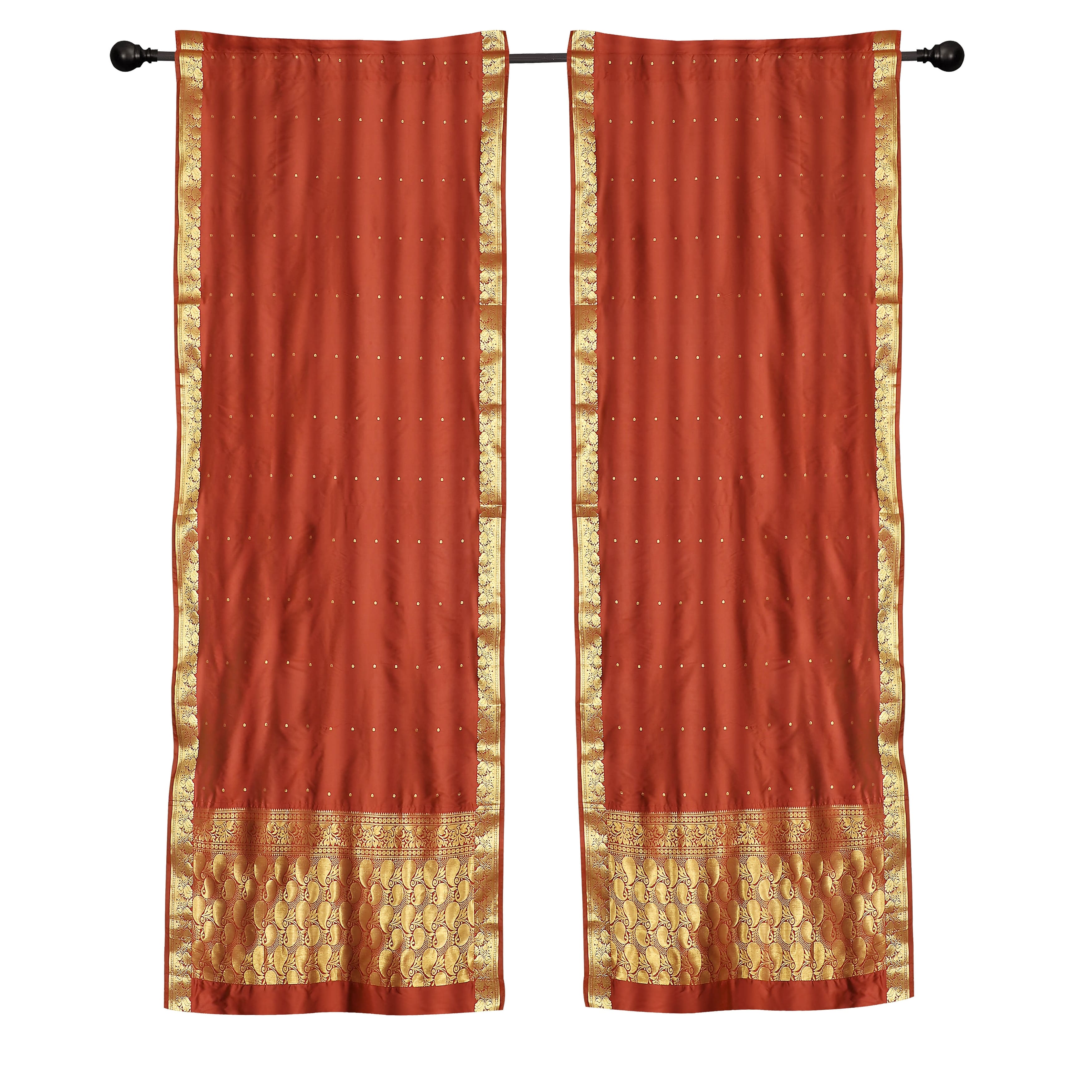 2 Boho Rust Indian Sari Curtains Rod Pocket Window Panels Drapes - On ...