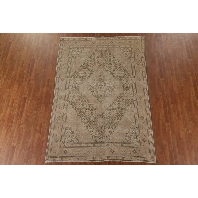 Distressed Tabriz Persian Vintage Rug Handmade Beige Wool Carpet - 6'5" x 9'5"