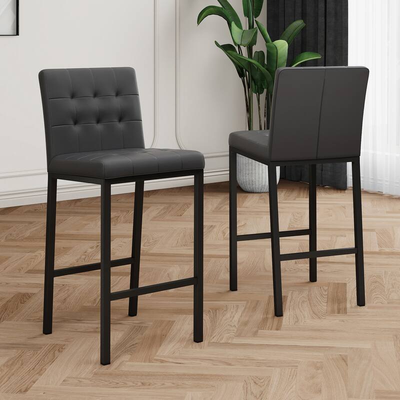 Modern High Bar Stools Set of 2, Kitchen Stool Island with PU Backrest, Gaming Chair with Metal Legs and Footstool