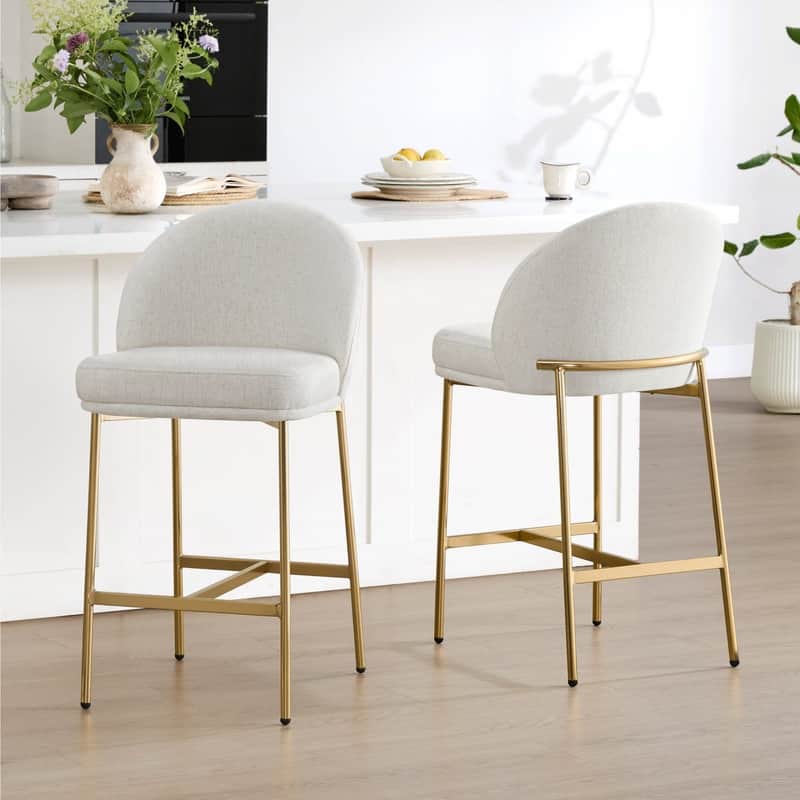 Spruce & Spring Upholstered Counter Bar Stool with Metal Frame - Set of 2 - Cream-Bronze Legs