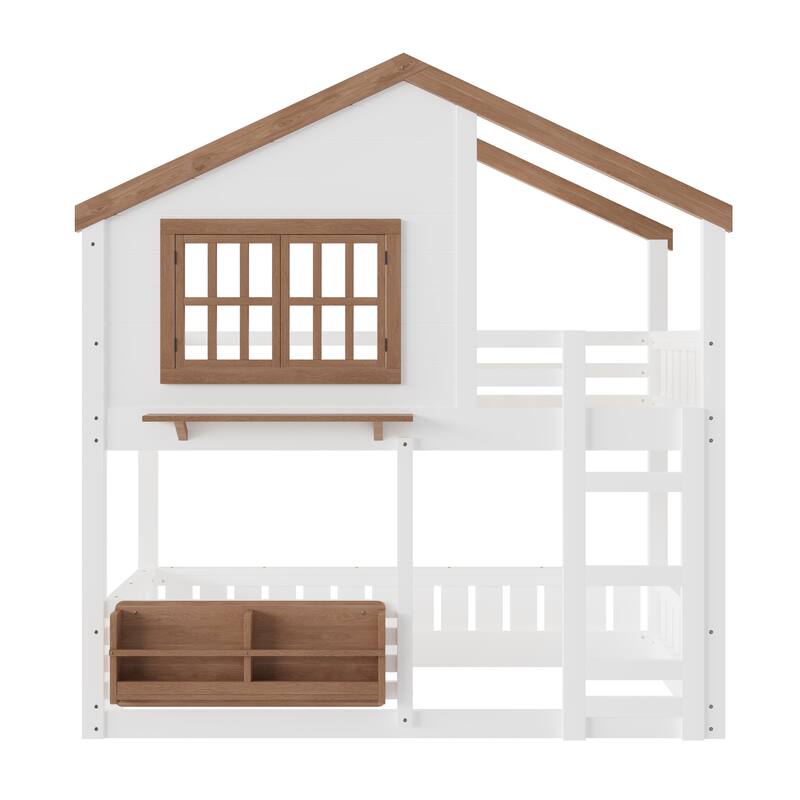 Fairytale House Bunk Bed Wood Loft Bed Frame with Bookshelf and Shelf