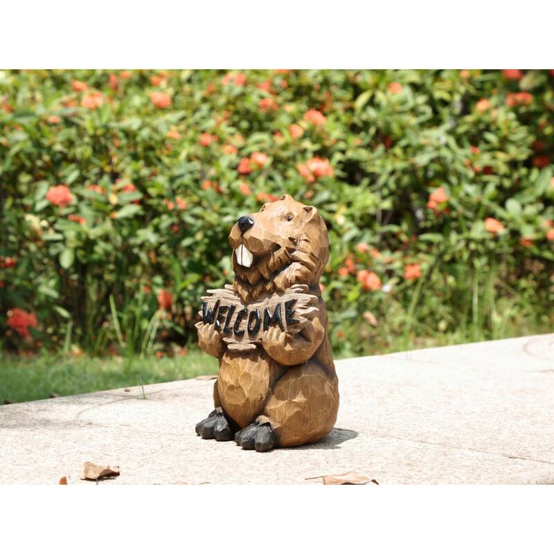 Beaver Holding A Welcome Sign Outdoor Garden Statue - 11.75" – Brown