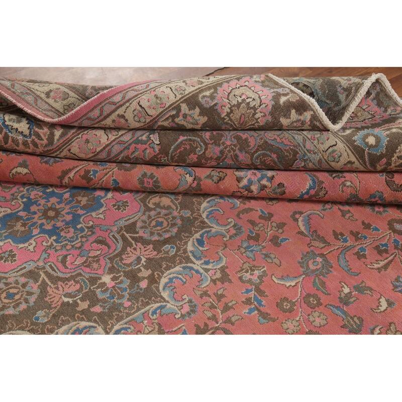 Traditional Pink Mashad Persian Vintage Rug Handmade Wool Carpet - 9'8"x 12'3"