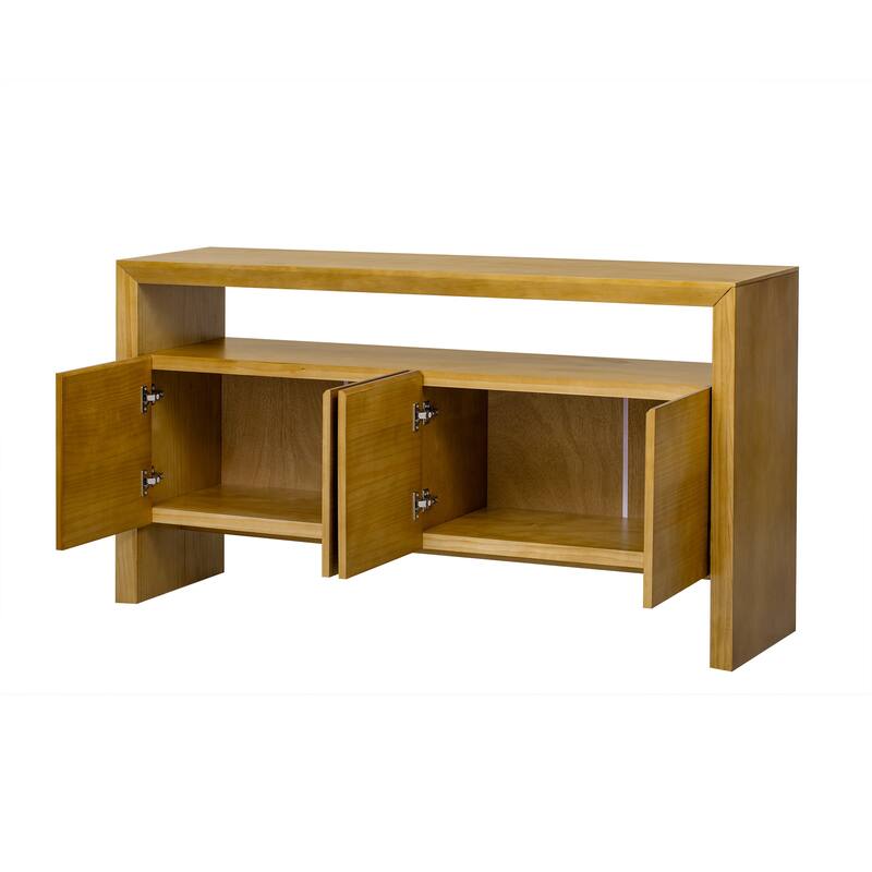 60" 4-Door Sideboard, Modern Minimalist Solid Wood Veneer Sideboard with Open Shelf, Natural Wood Grain