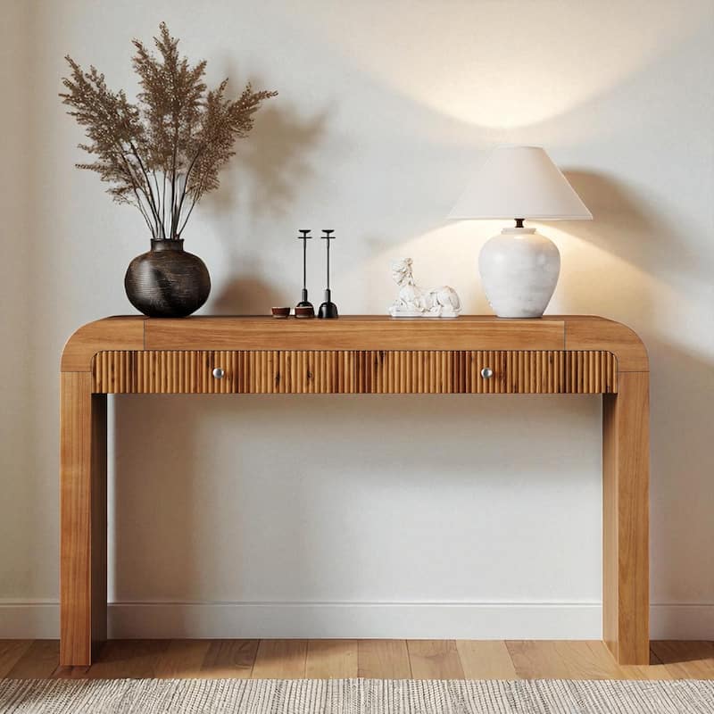 54.3" Rustic Console Table with Fluted Drawer, Curved Corners & Thick Legs, Entryway or Hallway Accent Table - Brown