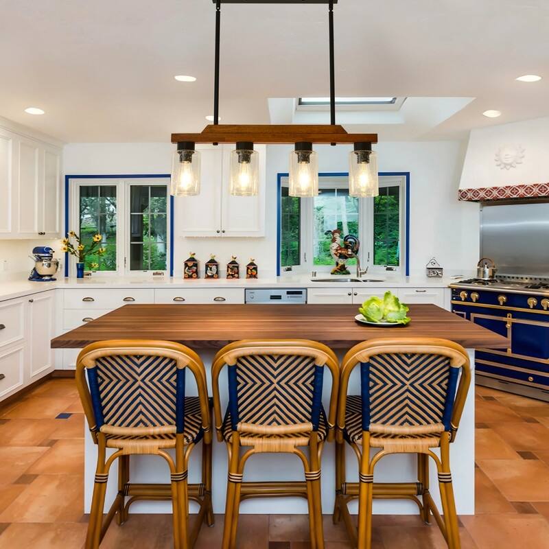 Farmhouse Chandelier for Dining Room Kitchen Island Rustic Wood Linear Pendant Light with Seed Glass Shade