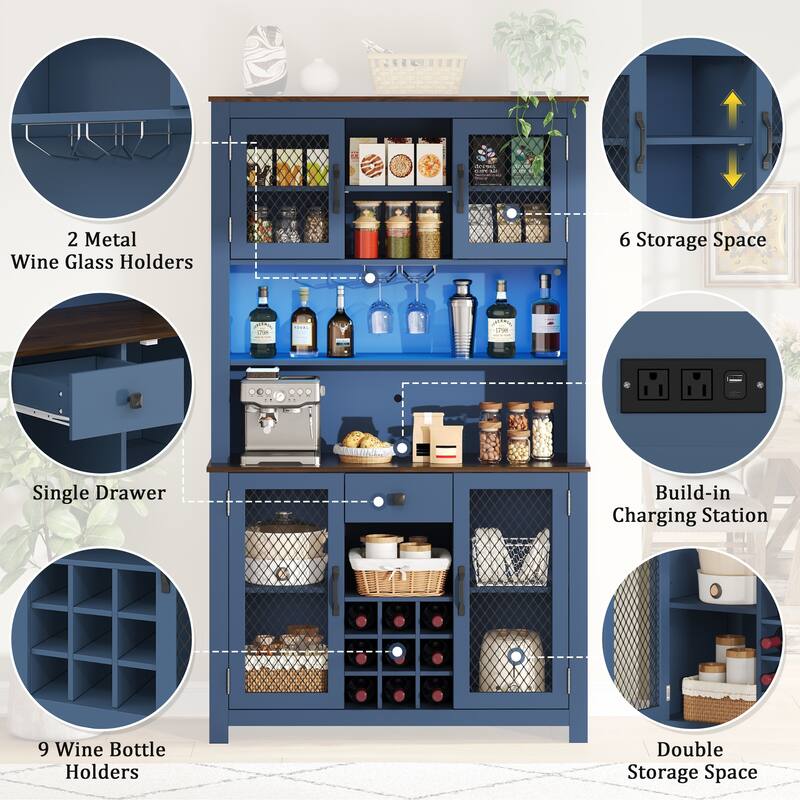 71" Pantry Cabinet, Coffee Bar Storage Cabinet with Charging Station & LED Lights, Tall Kitchen Hutch Cabinet with Wine Rack