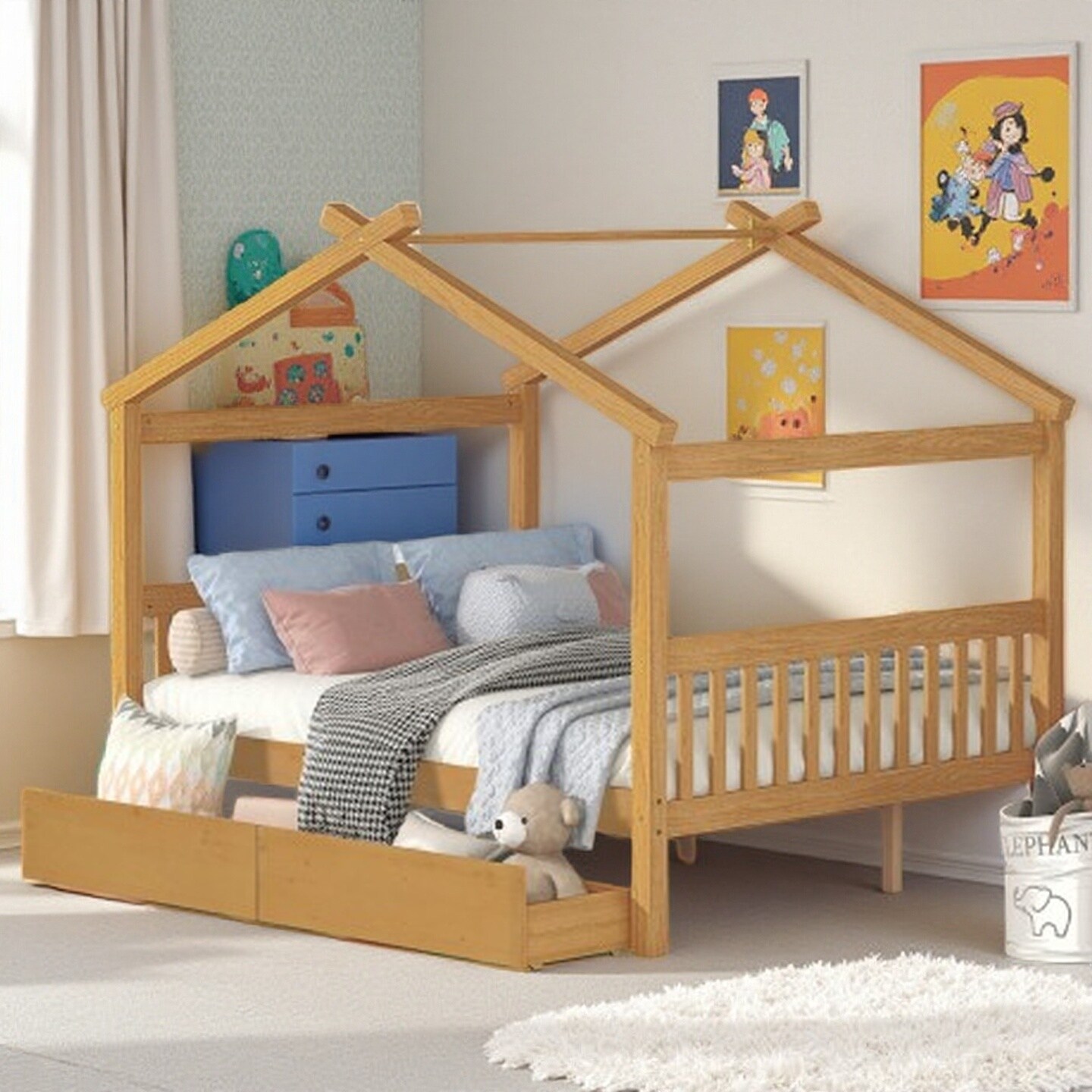 Twin Size Kids House Bed with Storage Drawers, Solid Pine Wood Frame with Whimsical Roof Design, Space-Saving Daybed