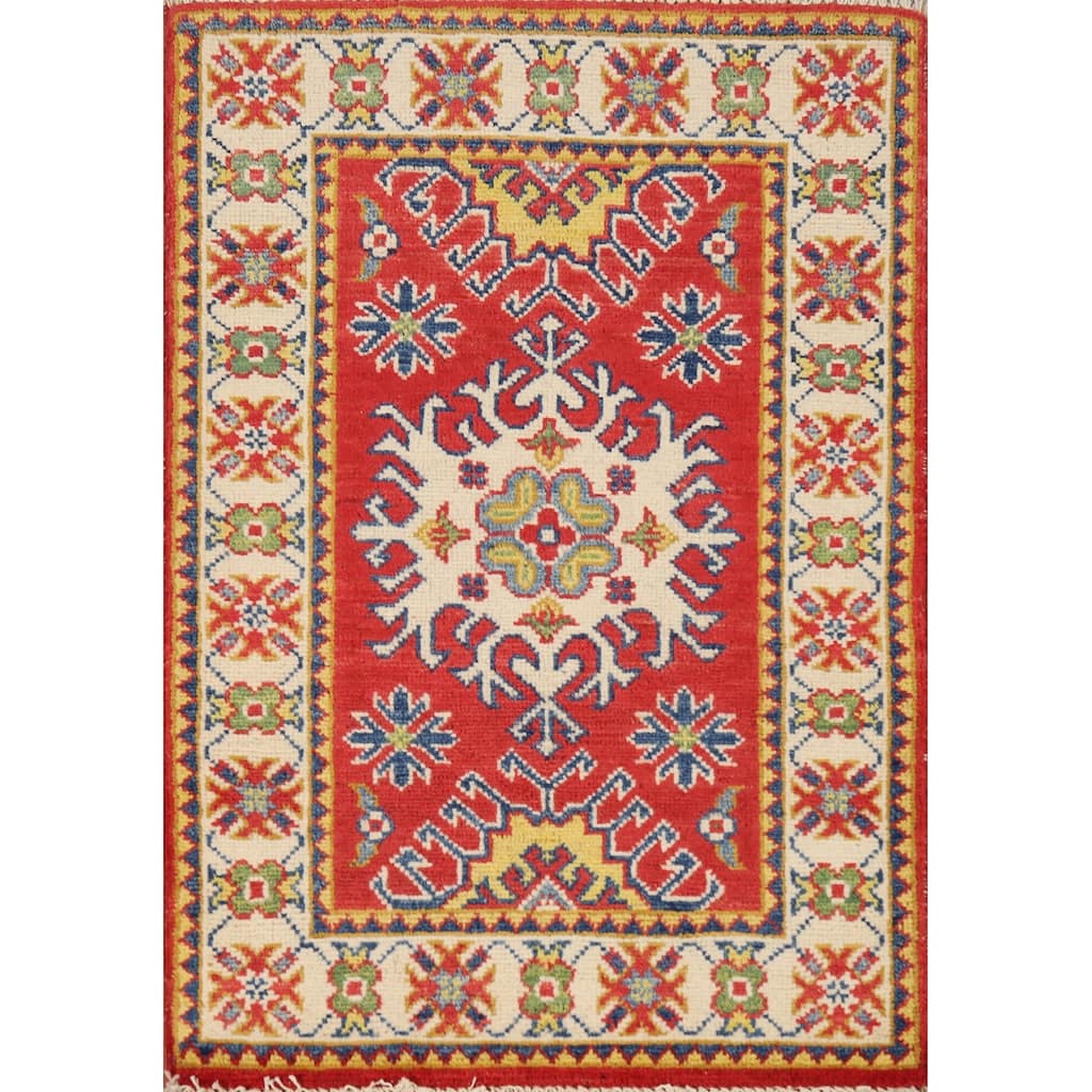 Red Traditional Kazak Oriental Rug Hand-Knotted Wool Carpet - 2'0"x 3'0"