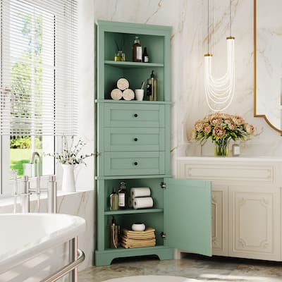 23 in. W x 13 in. D x 68.3 in. H Tall Freestanding Triangle Corner Storage Linen Cabinet with Adjustable Shelves and 3 Drawers