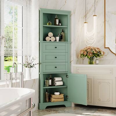 68.3 Inch High Bathroom Triangle Tall Cabinet with 3 Drawers and Adjustable Shelves-Green - Bathroom Cabinet