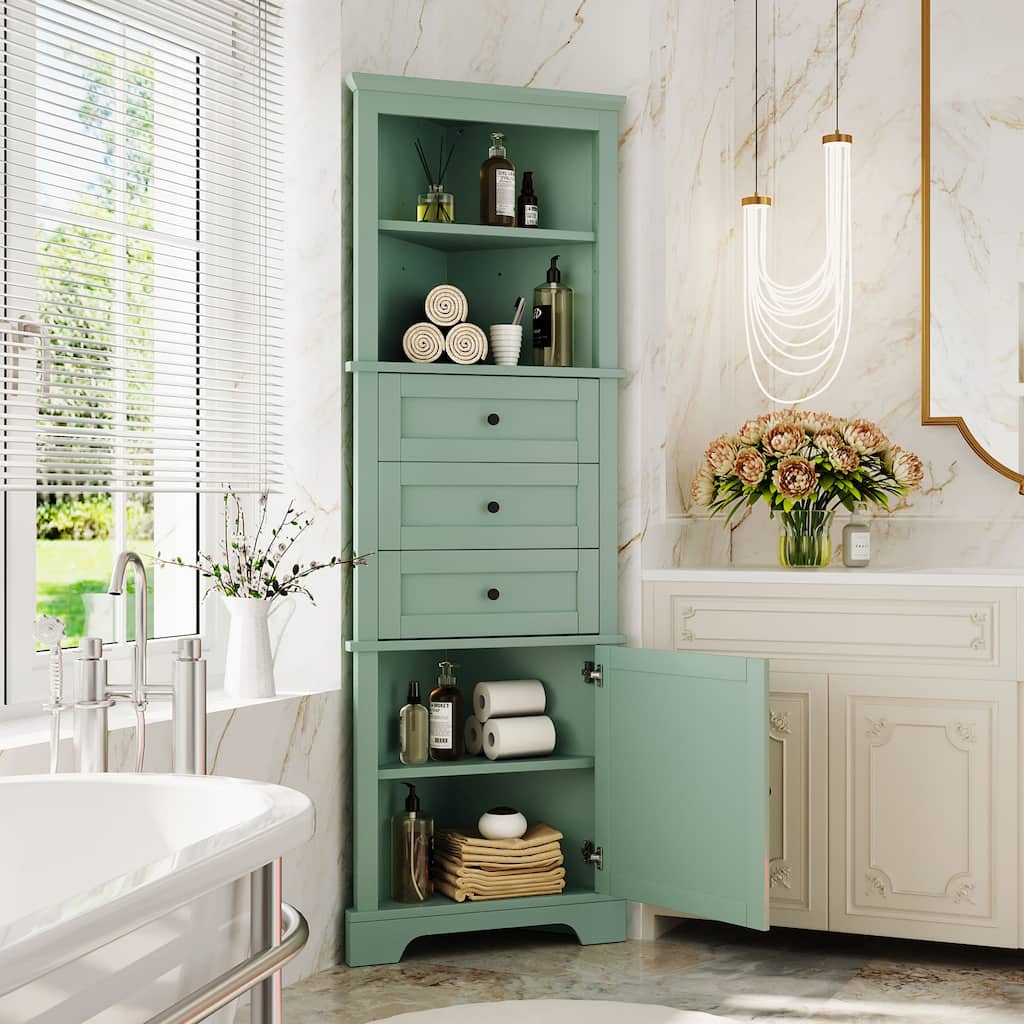 Corner Tall Bathroom Cabinet, Freestanding Kitchen Pantry Cabinet, Triangle Storage Cabinet with 3 Drawers & Adjustable Shelves
