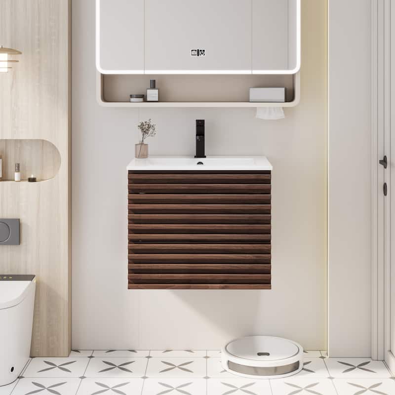 Wall Mounted Bathroom Vanity Set W/ Drop in Sink Mid-Century Cabinet Set