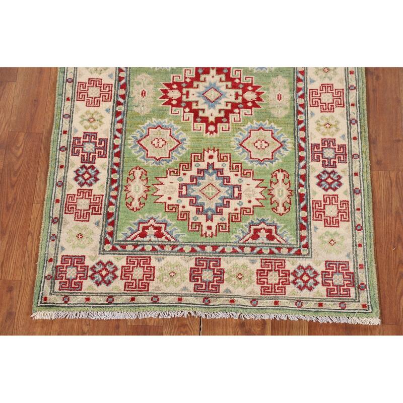 Light Green Geometric Kazak Oriental Accent Rug Handmade Wool Carpet - 2'7" x 3'10"