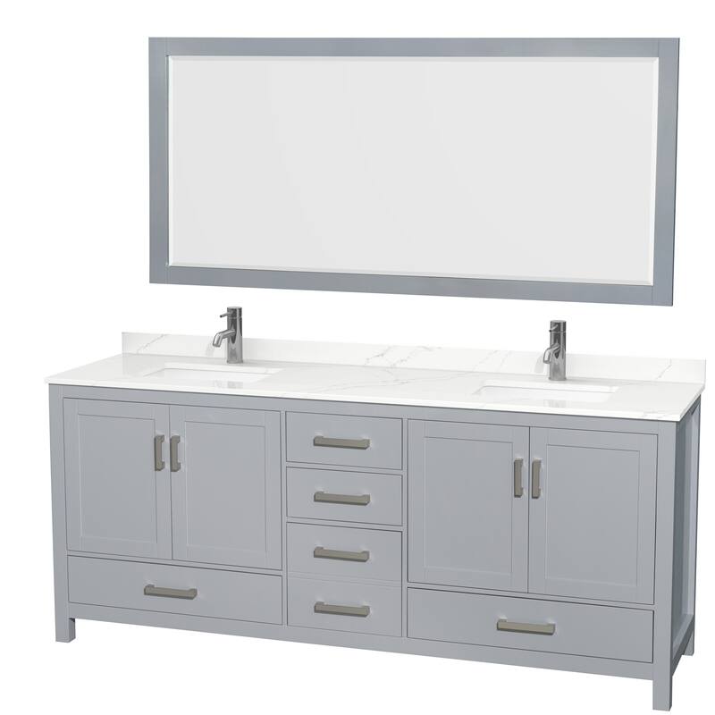 Sheffield 80-inch Double Vanity, Single Hole Quartz Top,70-inch Mirror - Gray, Chrome Trim, Giotto Quartz Top