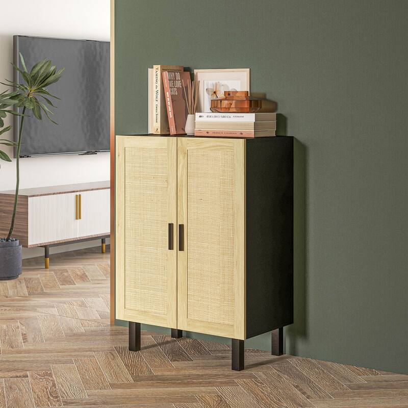 HOMCOM Sideboard Buffet Cabinet, Kitchen Cabinet, Coffee Bar Cabinet with 2 Rattan Doors and Adjustable Shelves