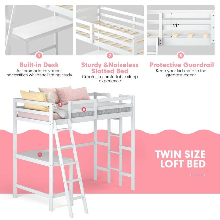 Twin Size Loft Bed Frame with Desk Angled and Built-in Ladder