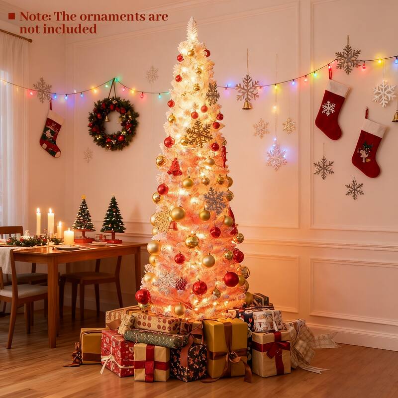 Pink Slim Christmas Tree with LED Lights and Snow-Flocked PVC Branches Included Metal Stand and Gloves