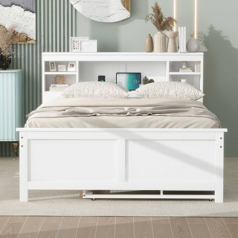 Full Size Platform Bed with Storage Headboard, USB, Twin Trundle, and 3 Drawers in White