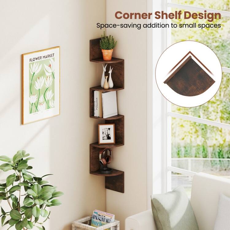 5-Tier Wall Mounted Floating Corner Shelf Engineered Wood Storage Organizer