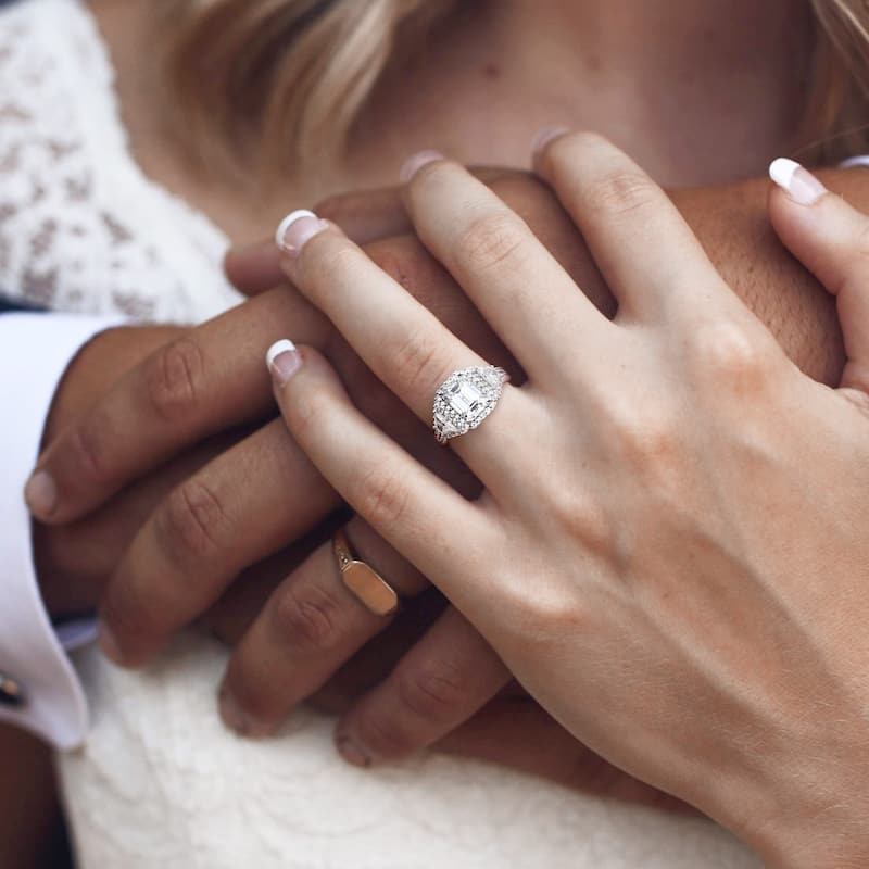 Miadora 3 3/4ct TDW Emerald Cut, Trapezoid and Round Diamond Halo Engagement Ring in 14k White Gold