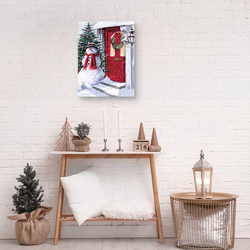 Snowman Outside Red Door 3 by The Macneil Studio Canvas Art Print