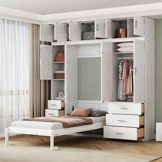 Murphy Bed Large Storage Wall Bed with 6 Storage Compartment Above, 3 Large Drawers and 2 Small Drawers, Side Wardrobe & Cabinet