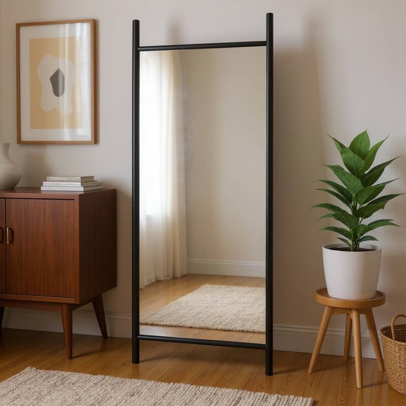 HomeRoots 71" Black Solid Wood Ladder Leaning Framed Full Length Mirror - 31.00 in. x 71.00 in. x 0.79 in. - 31.00 in. x 71.00 in.  x 0.79 in.
