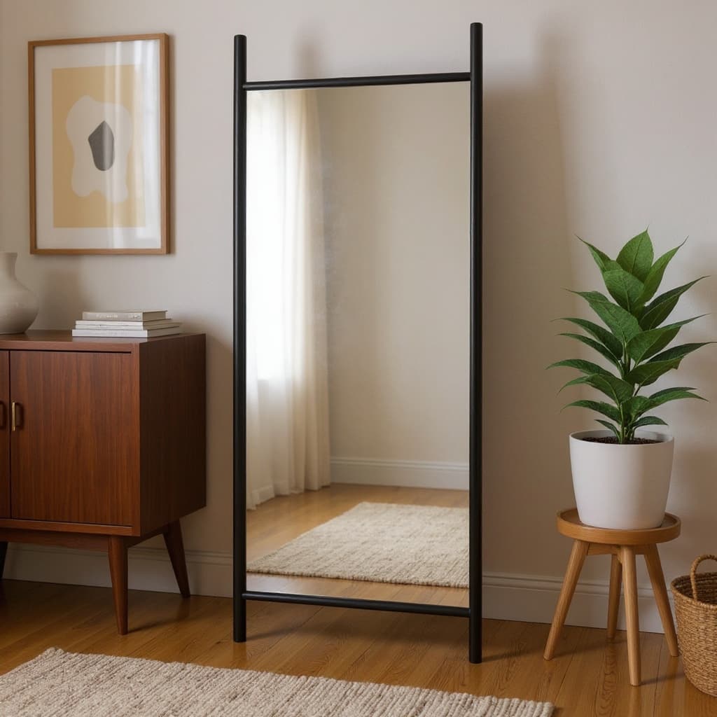 HomeRoots 71" Black Solid Wood Ladder Leaning Framed Full Length Mirror - 31.00 in. x 71.00 in. x 0.79 in.