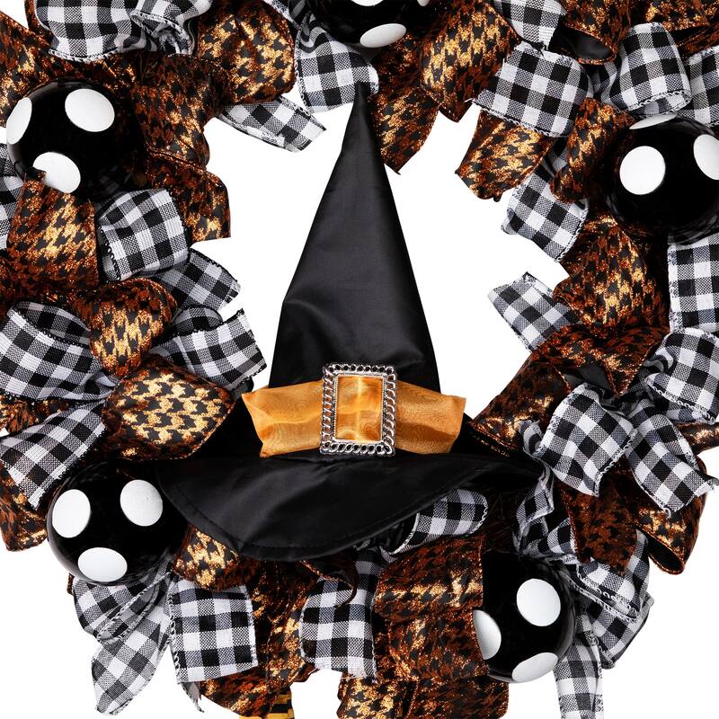 Witch with Bows and Ornaments Halloween Wreath - 24" - Orange and Black - Unlit