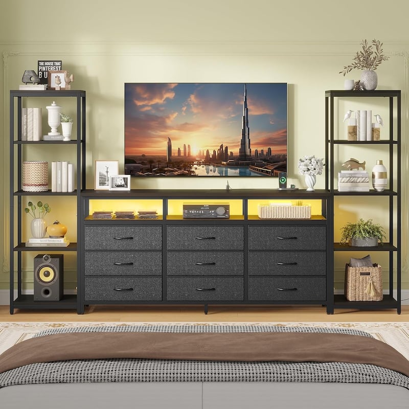 TV Stand Dresser with Bookcase TV Console Table Entertainment Center LED - Black - 9 Drawers