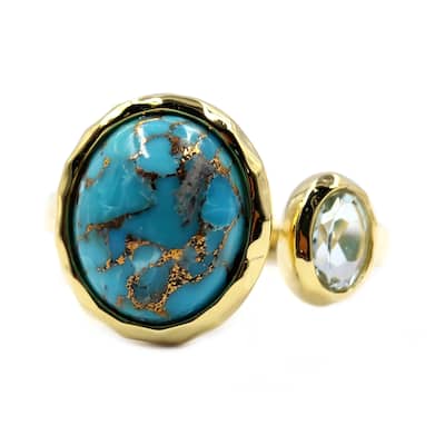 18K Yellow Gold Over Sterling Silver Blue Copper Turquoise, Sky Blue Topaz Ring
