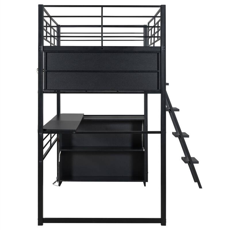 Metal Gaming Loft Bed with LED Light and Bulit-in Desk, Twin/Full Size Loft Bedframe with 4 Storage Shelves and Steps